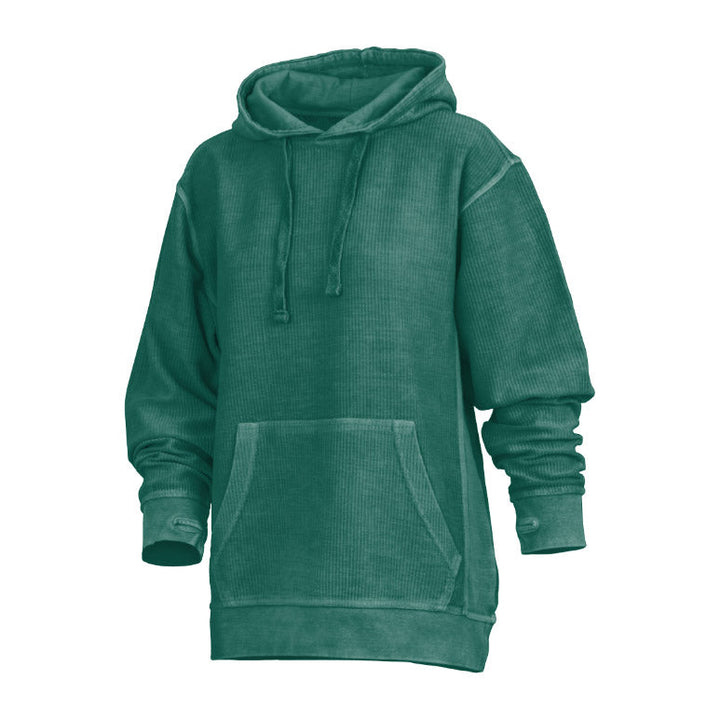 Abbigliamento donna: felpa con cappuccio stone wash e fori pollici. Stile casual e comfort garantito.
