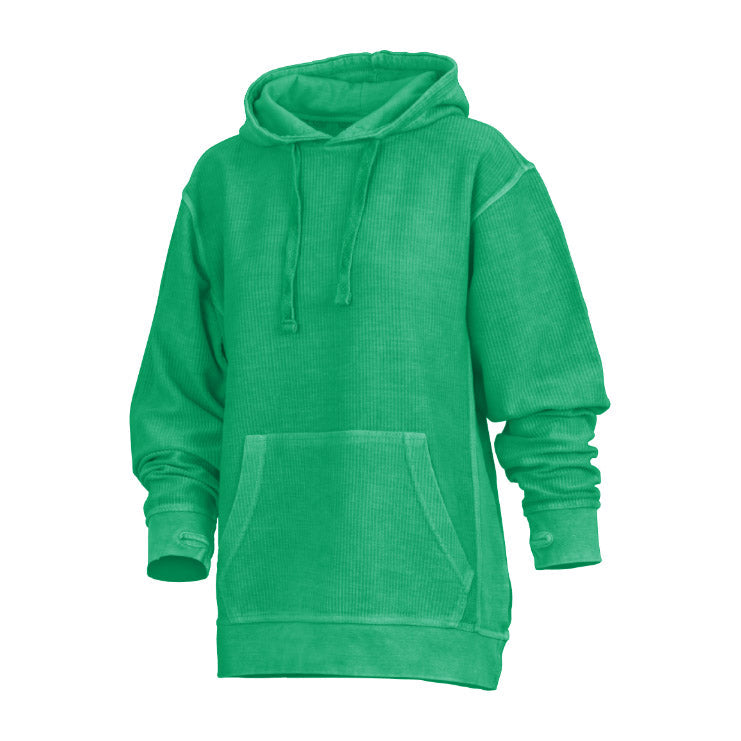 Felpa donna con cappuccio, lavaggio stone wash e fori pollici. Un capo essenziale per il tuo stile.