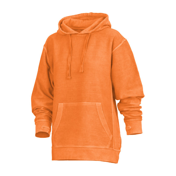 Felpa donna stone wash fashion con cappuccio e fori pollici. Aggiungi un tocco di moda al tuo look.
