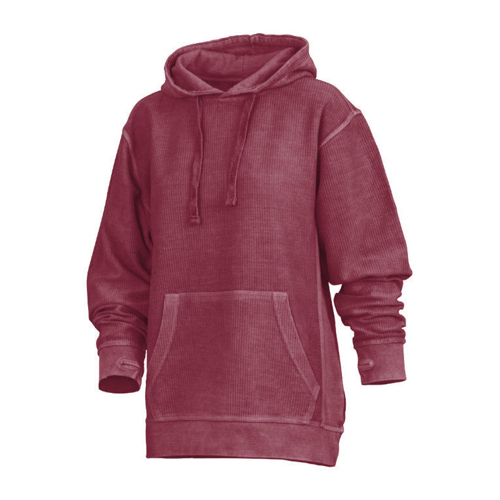Felpa donna morbida con cappuccio e fori pollici, finitura stone wash. Per un comfort quotidiano.