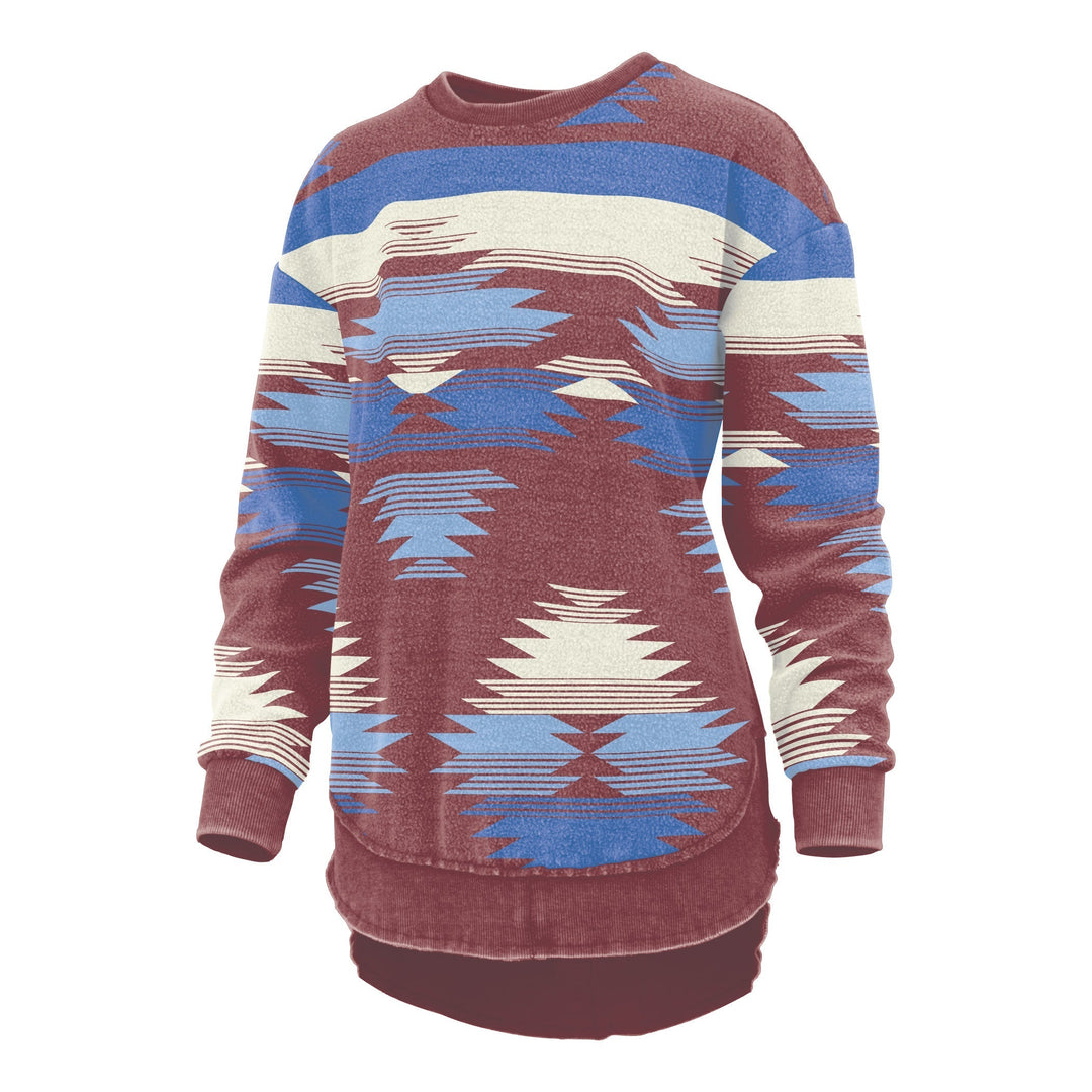 Poncho donna con vivace fantasia azteca, morbido e texture invertita. Abbigliamento etnico casual inverno.