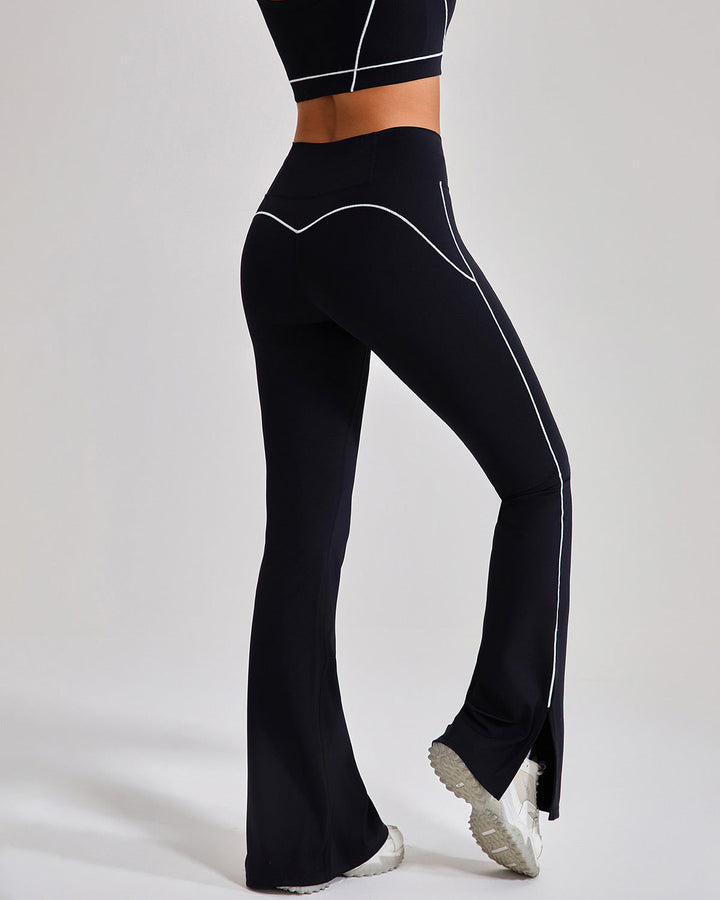 Leggings svasati a vita alta da donna, ideali per fitness e tempo libero. Elasticizzati e comodi con profili a contrasto.
