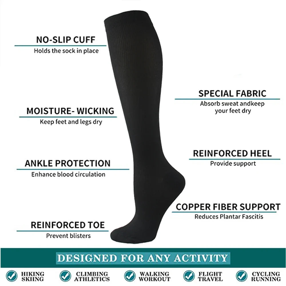 Calze anti-fatica compressive unisex, offrono sollievo e comfort duraturo per gambe stanche.