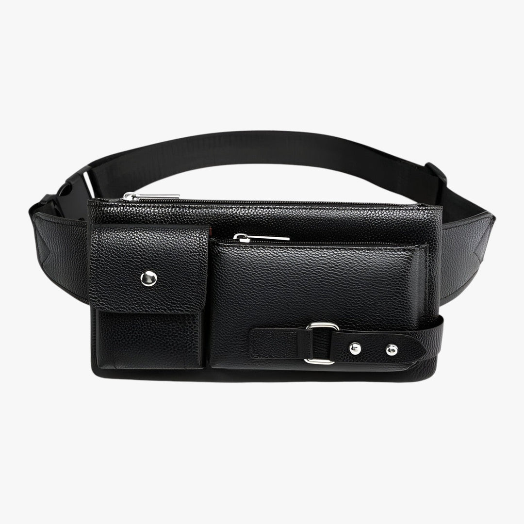 Marsupio grande unisex marrone con cintura regolabile e tasche, pratico per viaggio.