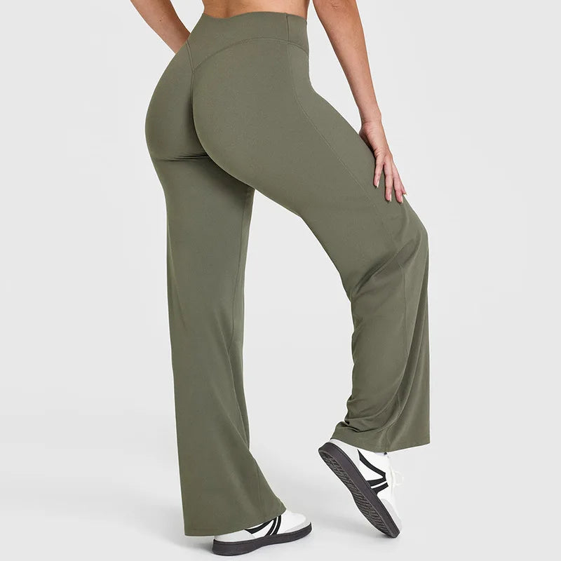 Pantaloni yoga donna eleganti a vita alta, gamba ampia, perfetti per look casual o sportivo.