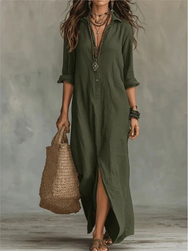 Abito ampio chemisier verde militare donna, vestito lungo con colletto per un tocco di eleganza versatile.