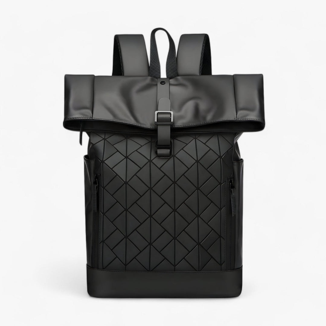 Zaino porta laptop roll top nero da uomo, moderno e funzionale per lavoro e viaggio. Design elegante e robusto.