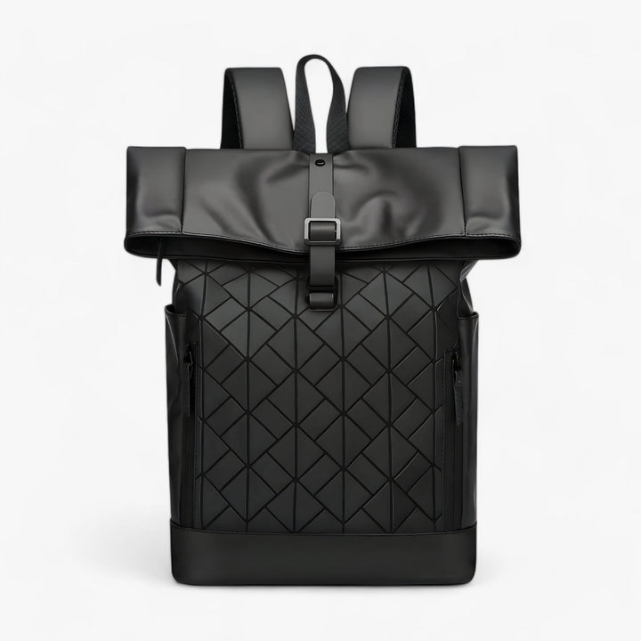 Zaino porta laptop roll top nero da uomo, moderno e funzionale per lavoro e viaggio. Design elegante e robusto.