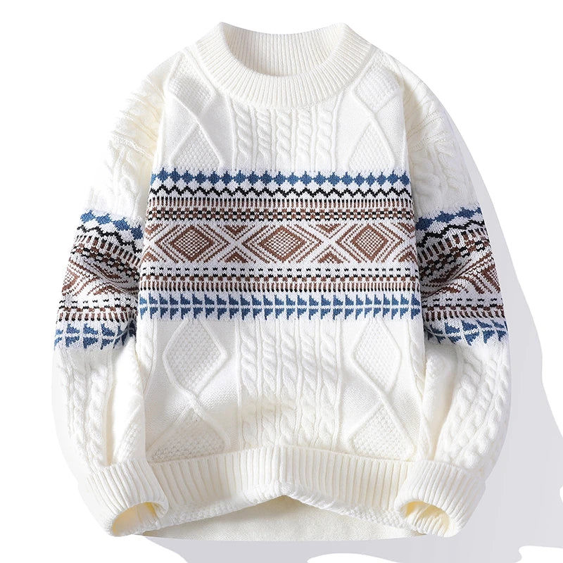 Maglione uomo in maglia geometrico a girocollo. Perfetto per l'inverno, disponibile in colori come grigio e nero.