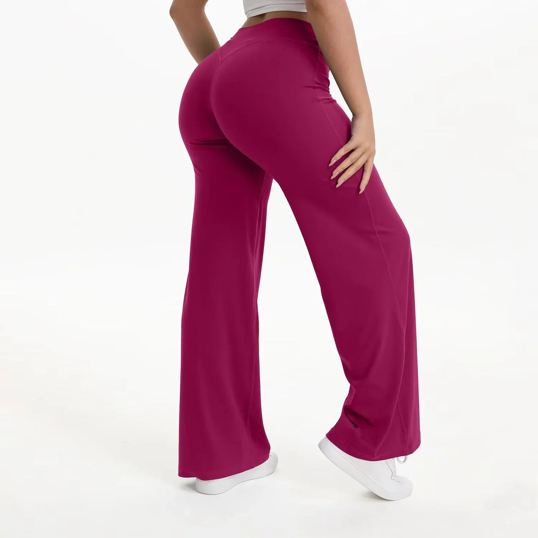 Pantaloni comfort fit donna, vita alta, gamba ampia, perfetti per yoga, fitness e look casual.