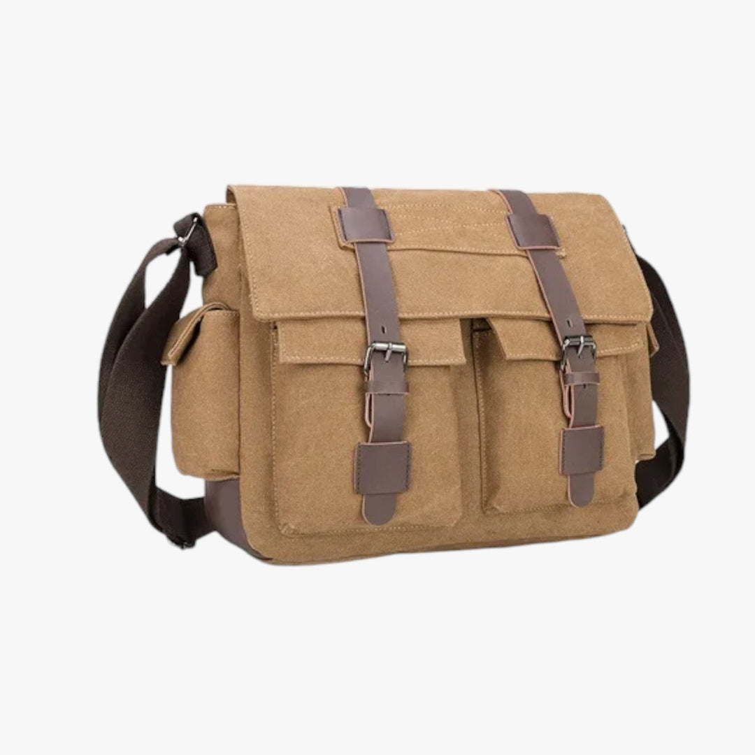 Accessorio uomo: borsa messenger in tela multicolore con tracolla, versatile per lavoro e tempo libero.