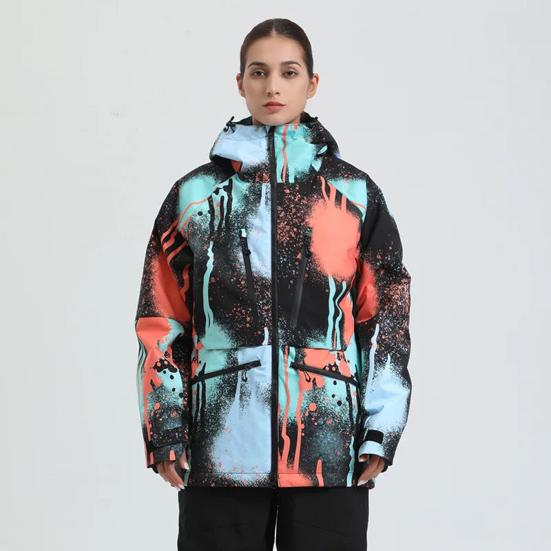 Giacca snowboard unisex, vista frontale, idrorepellente per uomo e donna sulla neve.