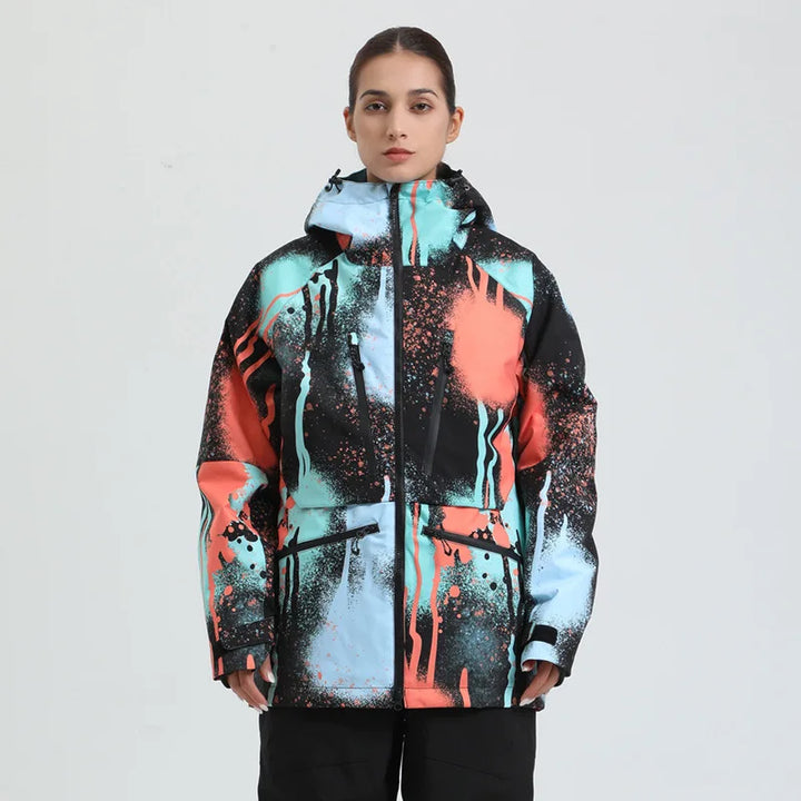 Giacca snowboard unisex, vista frontale, idrorepellente per uomo e donna sulla neve.