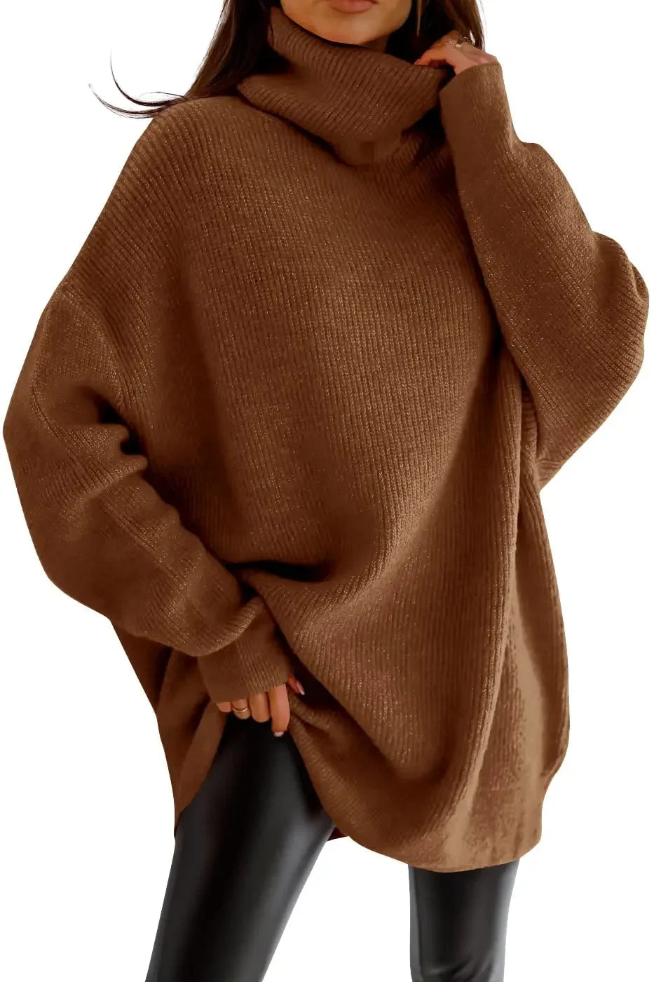 Pullover donna oversize moda invernale, maglione a collo alto caldo, ideale per un look chic e casual.