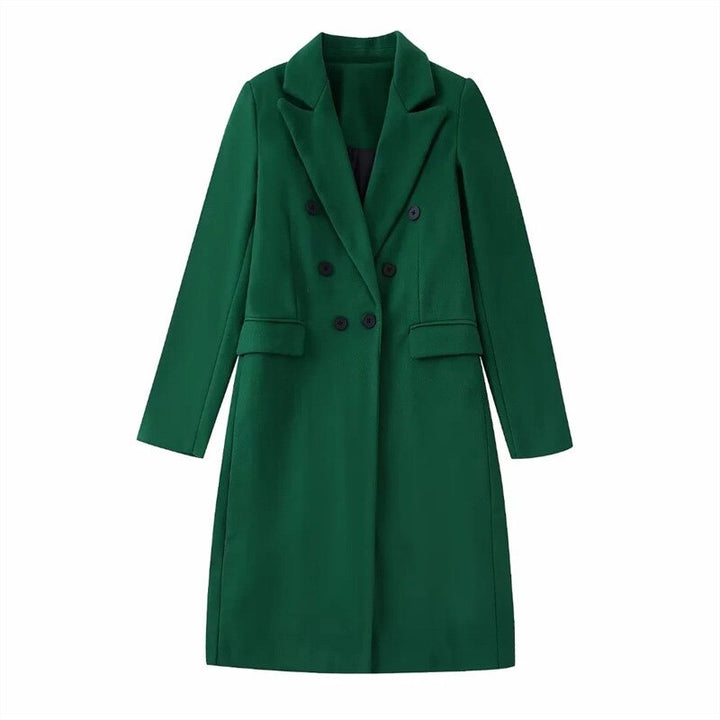 Cappotto donna lungo doppiopetto, tessuto pregiato per calore e comfort in inverno.