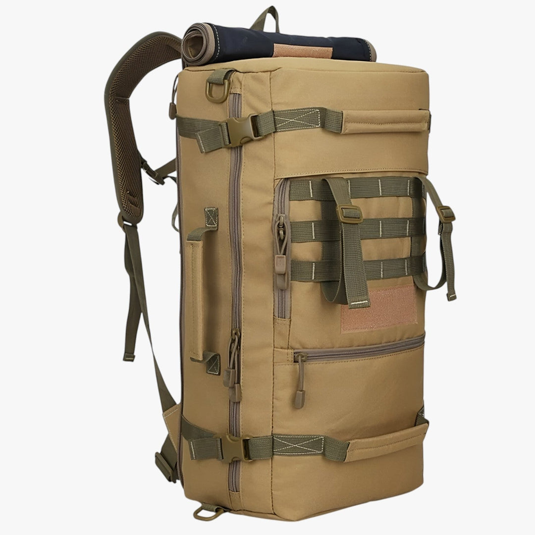 Zaino da viaggio uomo 50L kaki, spazioso e organizzato per attrezzatura da outdoor.