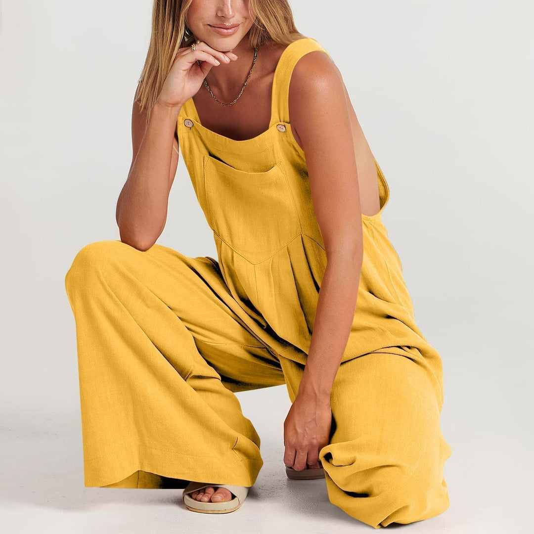 Tuta casual ampia da donna, senza maniche con spalline, vestibilità comoda, perfetta per l'estate e il relax.