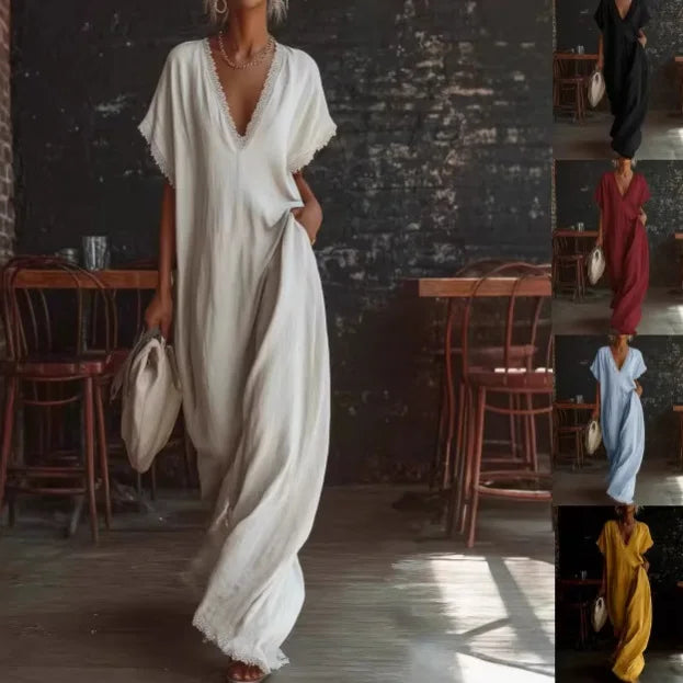 Abito lungo elegante donna, in poliestere, scollo a V e finiture in pizzo, un must-have estivo.