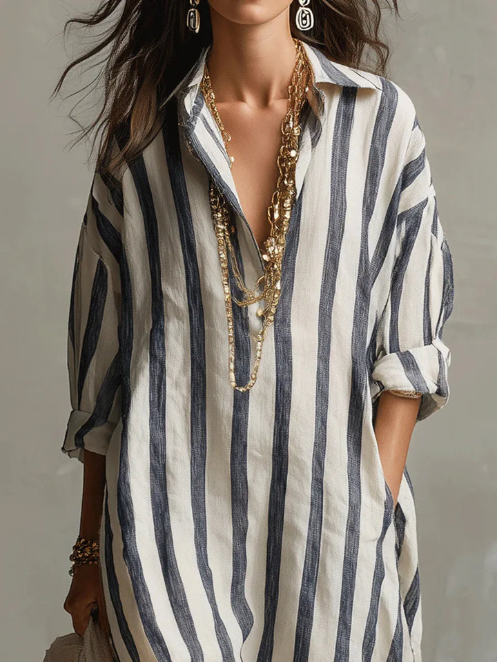 Tessuto leggero a righe dell'abito chemisier donna, vestito lungo primavera/estate, comodo e di tendenza.