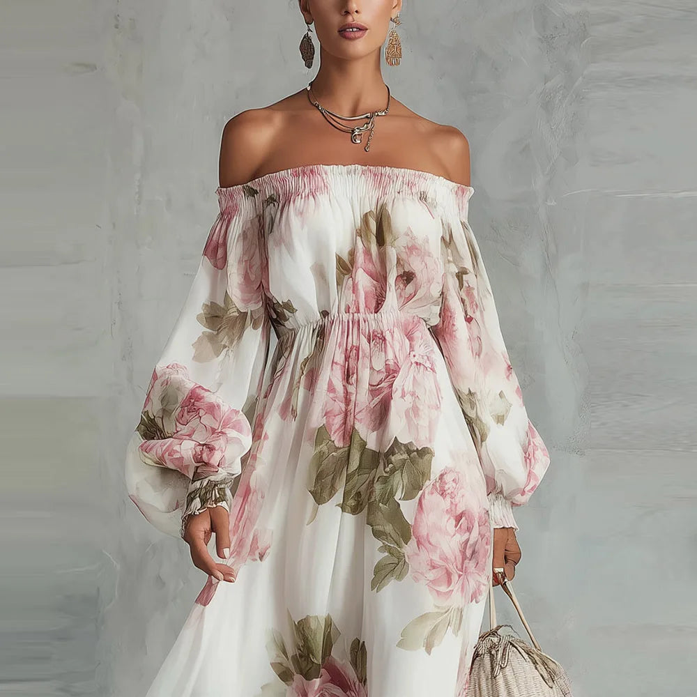 Abito lungo estivo donna floreale, con design spalle scoperte per un tocco romantico e trendy.