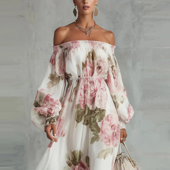 Abito lungo estivo donna floreale, con design spalle scoperte per un tocco romantico e trendy.