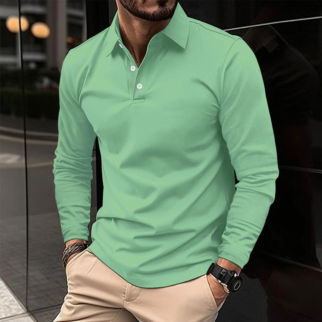 Abbigliamento uomo: polo a maniche lunghe slim fit, essenziale per outfit stagionale e look casual.