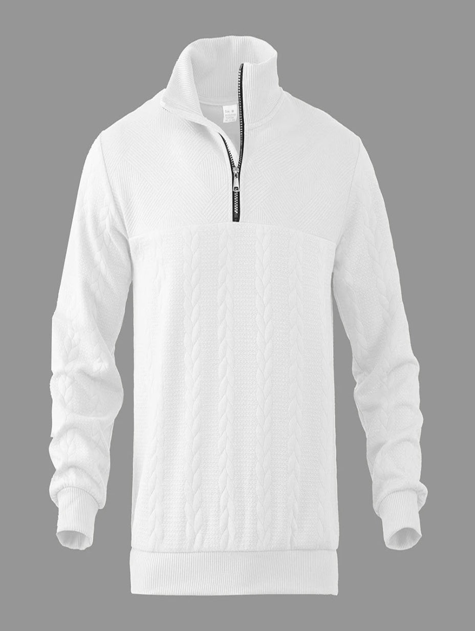 Comodo maglione uomo mezza zip, collo alto a treccia, perfetto per un outfit casual o formale.