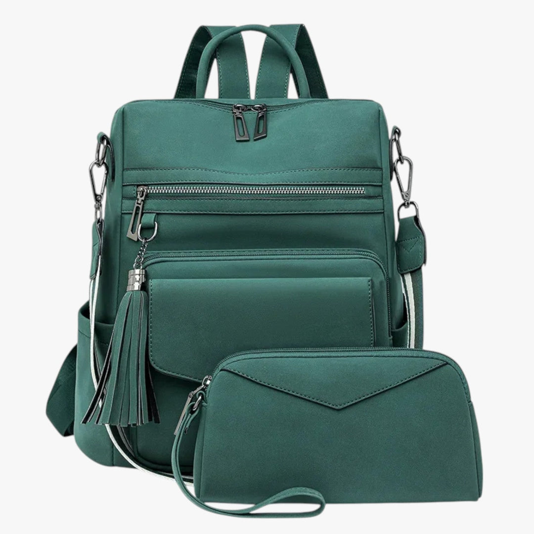 Zaino donna con scomparti interni multipli, ideale per laptop, libri e accessori personali, stile unico.