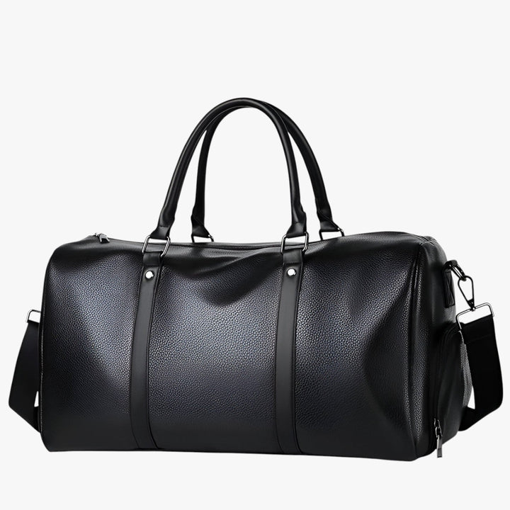 Borsone da viaggio uomo nero elegante con tracolla rimovibile, ideale per weekend.