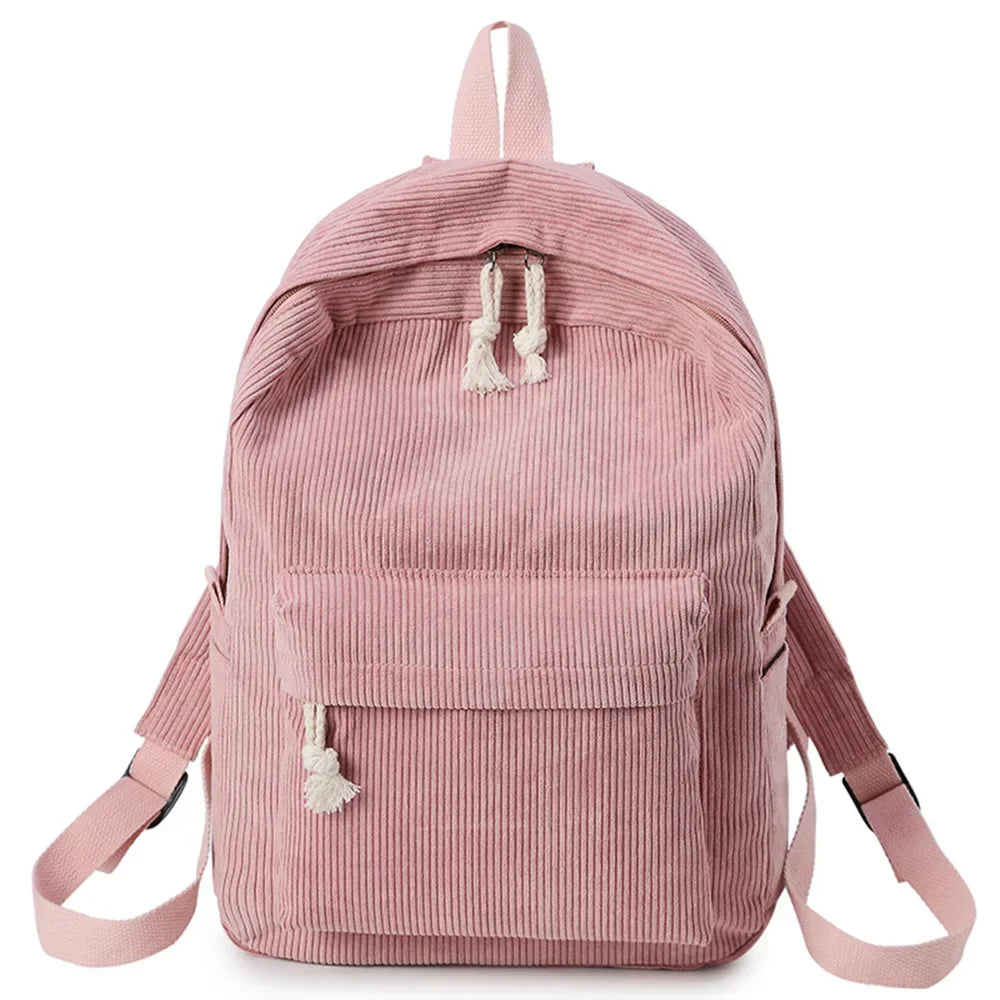Schienale ergonomico e spallacci regolabili dello zaino unisex in velluto a coste per comfort scolastico.