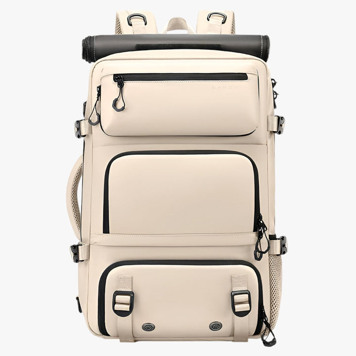 Zaino uomo multitasche blu, vista laterale. Robusto accessorio da viaggio e quotidiano con spallacci regolabili.