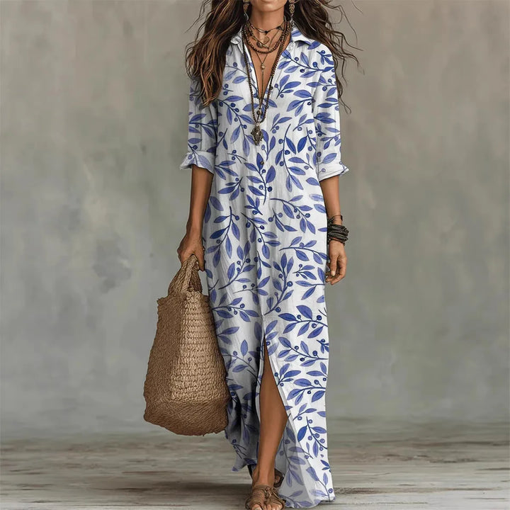 Abito da donna fresco e femminile con stampa botanica, stile chemisier, ottimo per vacanze e giornate primaverili/estive.
