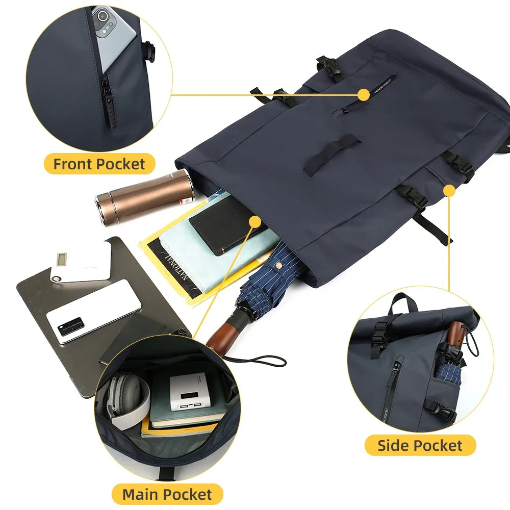 Interni organizzati dello zaino business roll-top, tasche multiple per accessori uomo e ufficio.