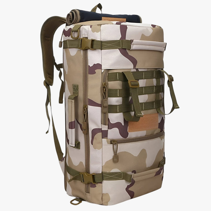 Zaino da escursionismo uomo 50L kaki, con tasche laterali per borraccia e accessori rapidi.
