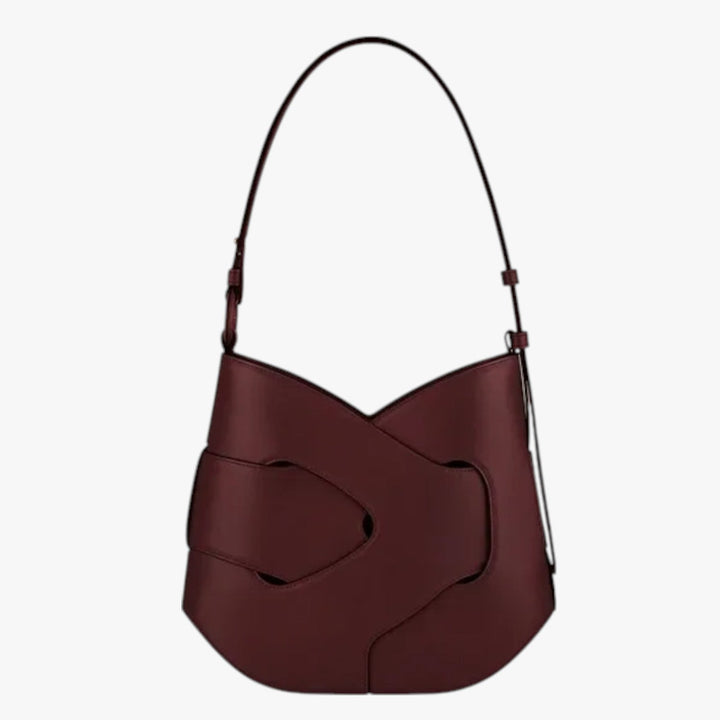 Vista laterale borsa a spalla donna elegante bordeaux scuro in sintetico intrecciato, versatile e chic.