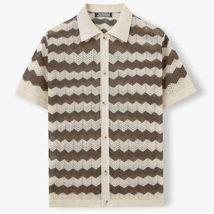 Camicia uomo fresca all'uncinetto, maniche corte, ideale per l'estate, stile casual elegante e leggero.