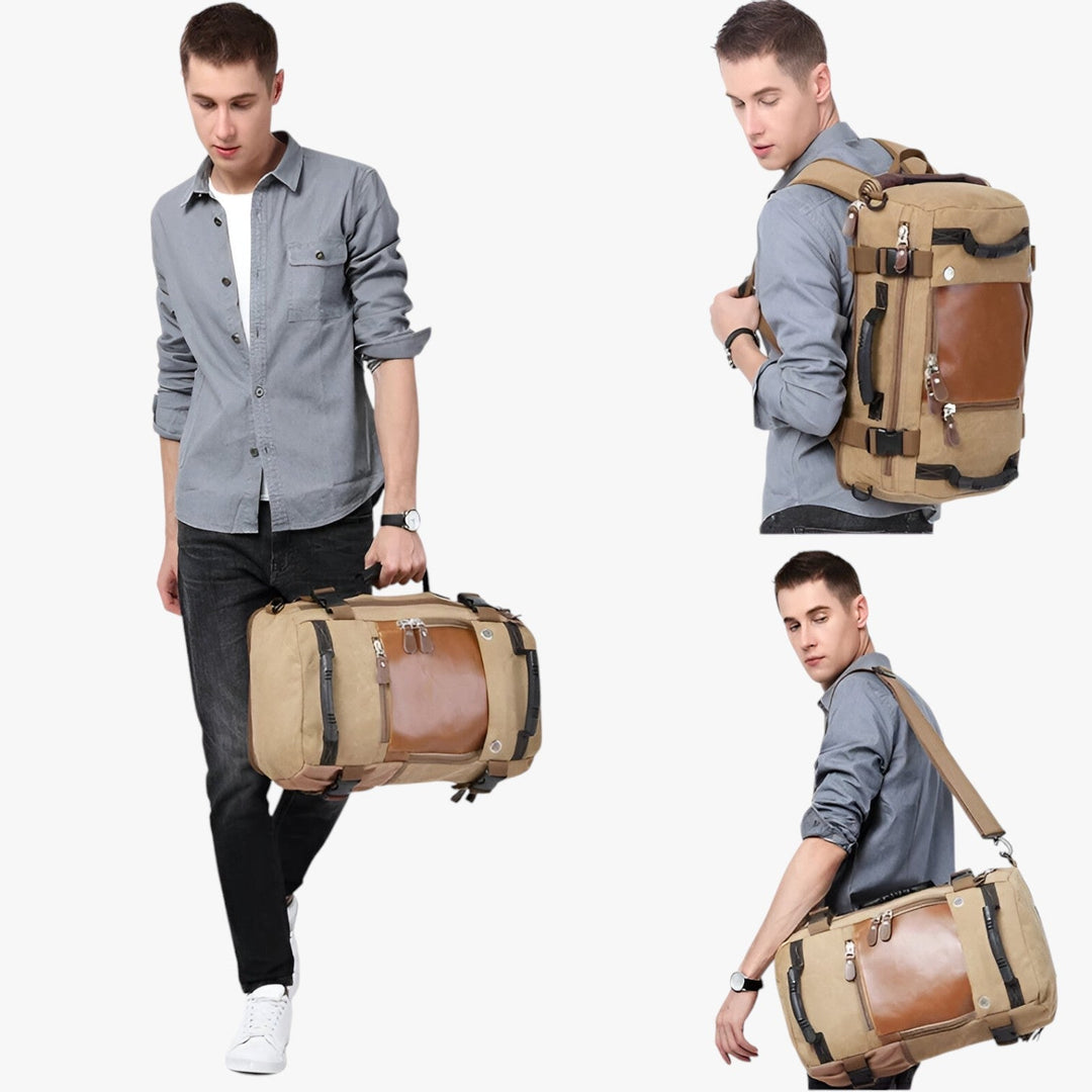 Zaino da viaggio uomo 50L multiuso kaki, con scomparti organizzati per trekking e outdoor.