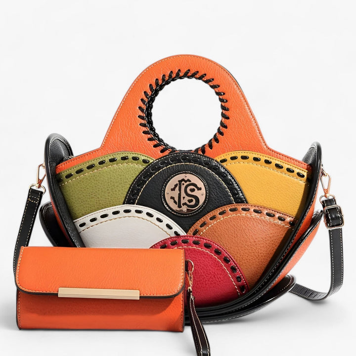 Borsa a mano da donna Mosaico con design multicolore vibrante e tracolla regolabile, stile unico.
