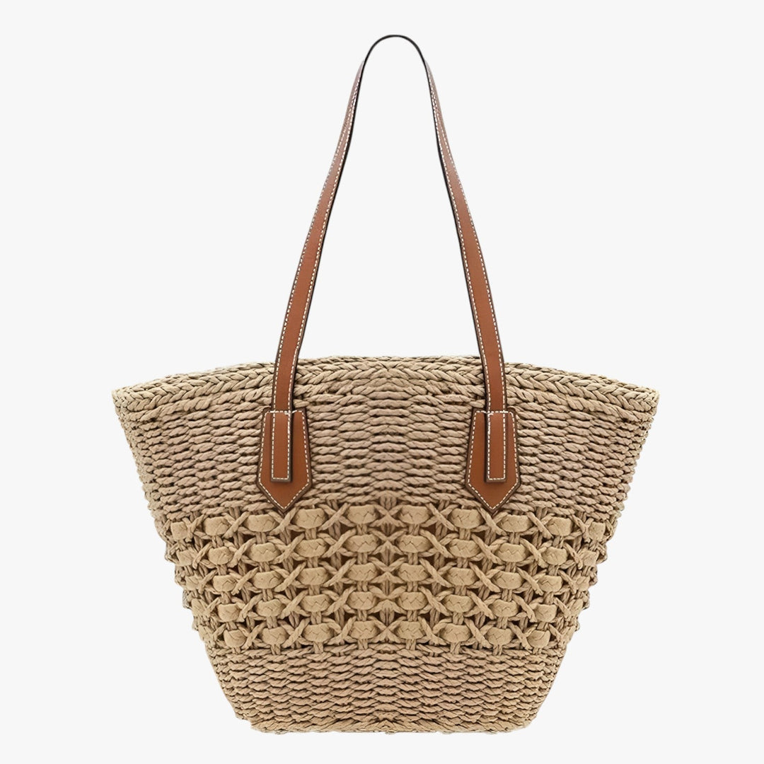 Borsa tote artigianale in paglia intrecciata per donna, accessorio estivo versatile.