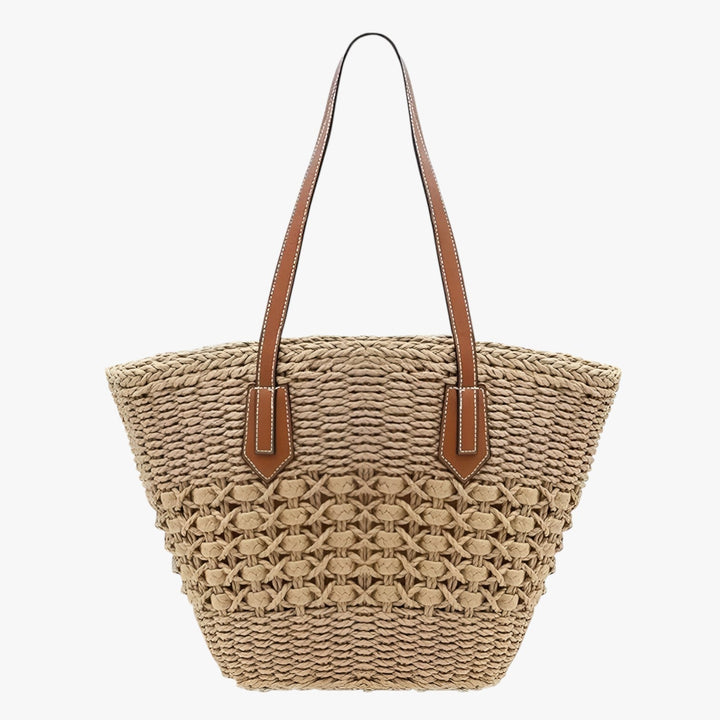 Borsa tote artigianale in paglia intrecciata per donna, accessorio estivo versatile.