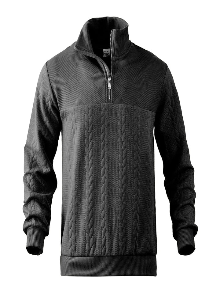 Maglione uomo con mezza zip e collo alto a treccia, design elegante per l'abbigliamento maschile.