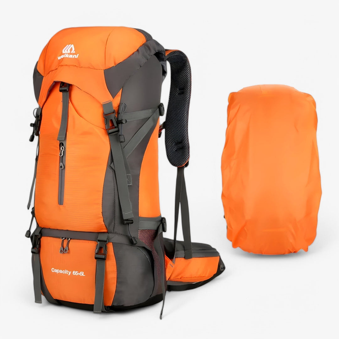 Zaino campeggio uomo 70L, design funzionale per accesso rapido, ideale per trekking e outdoor.
