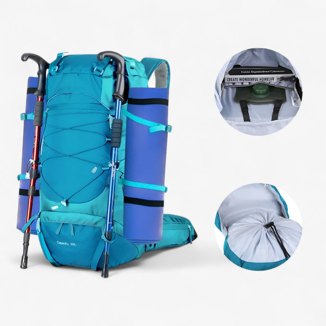Zaino trekking 50 litri unisex, ideale per lunghi viaggi, escursioni e avventure sportive in montagna.