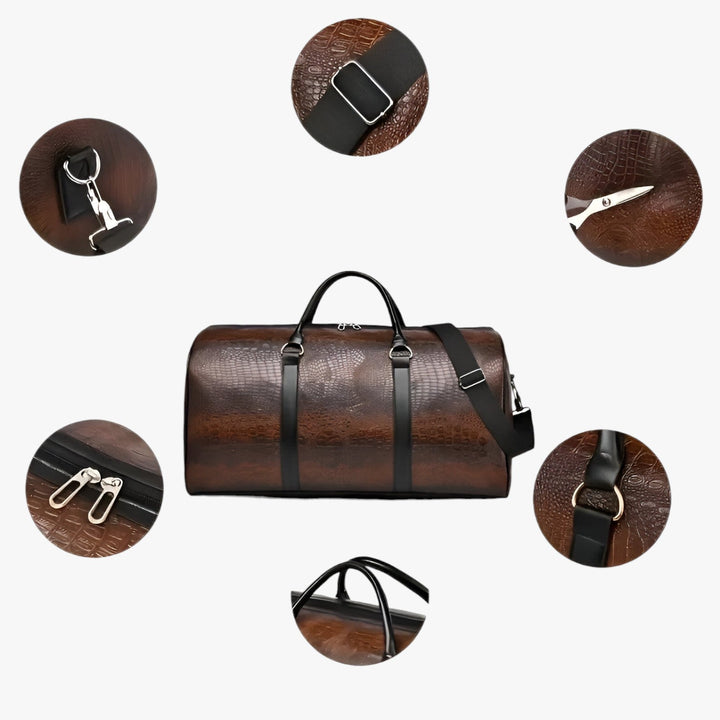 Pratico borsone da viaggio unisex, disponibile nero/marrone, con tracolla versatile. Ideale per ogni esigenza.