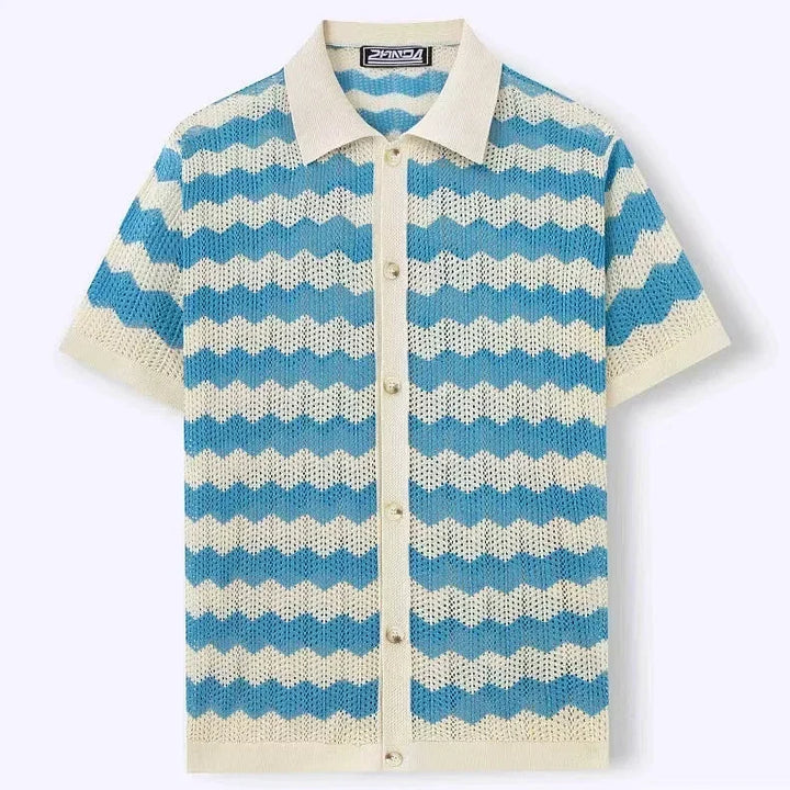 Camicia uomo estiva fresca all'uncinetto, maniche corte, per un look confortevole in vacanza.