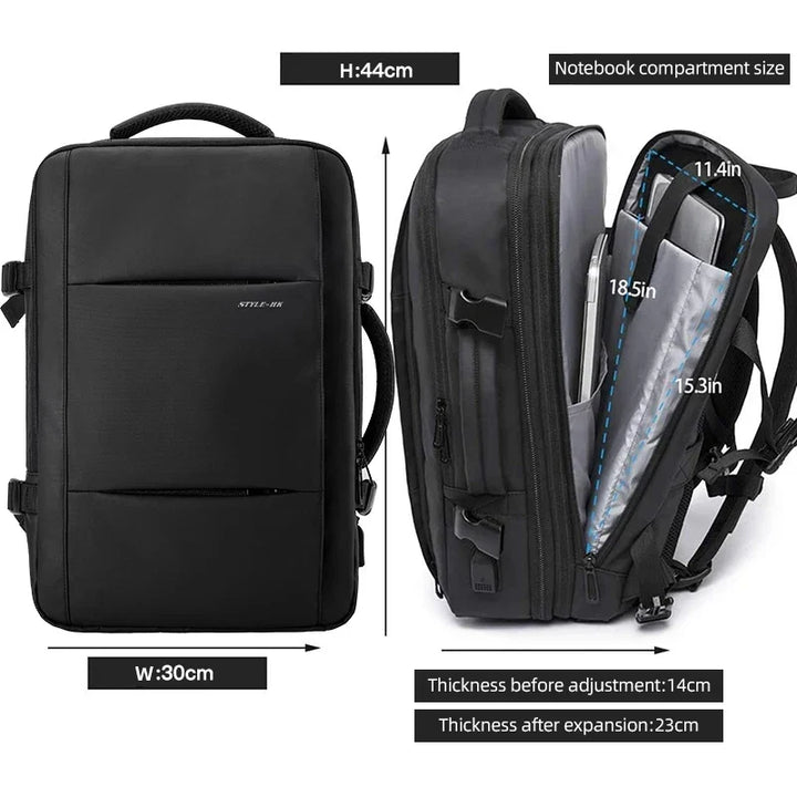 Zaino viaggio uomo comodo, impermeabile, espandibile con porta USB e scomparto PC per lavoro e weekend.