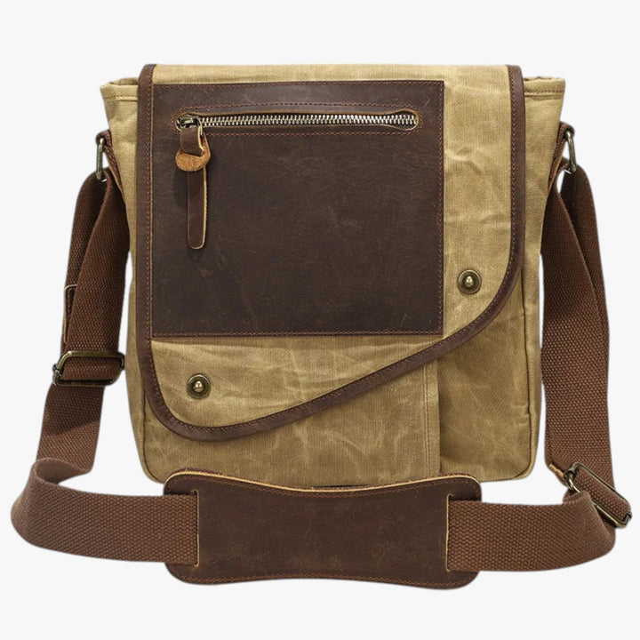Borsa messenger gialla da uomo con zip e fibbie, ideale per organizzare documenti e accessori vari.