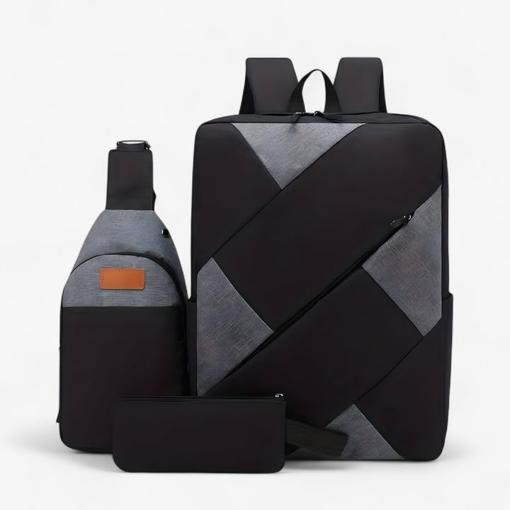 Zaino donna grande grigio in tessuto, con scomparti per viaggio e uso quotidiano, parte del set 3-in-1.