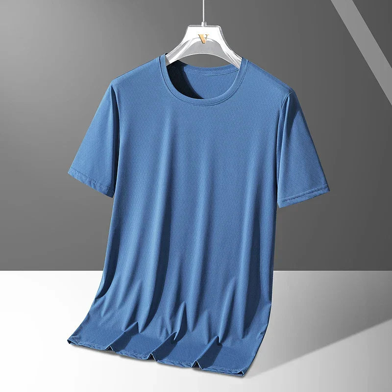 Maglietta uomo quick-dry elasticizzata nera con girocollo, ideale per sport e casual. Traspirante e confortevole.