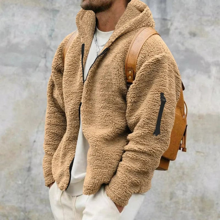 Elegante giacca invernale nera da uomo, con cappuccio, ideale per abbigliamento casual.
